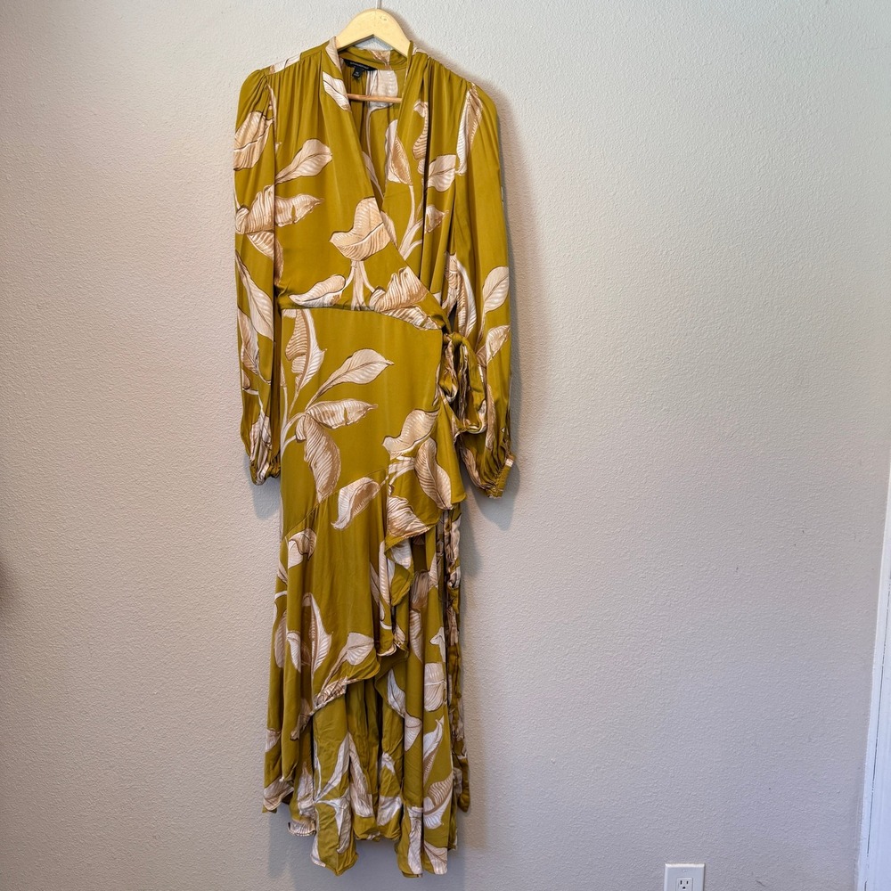 Banana Republic Mustard Yellow Tropical Leaf Wrap Dress Ruffle High Low XL